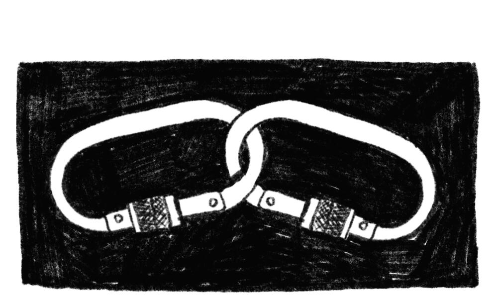 A scratchy pencil drawing of two carabiners, linked together. The carabiners are white with a rectangular black background.